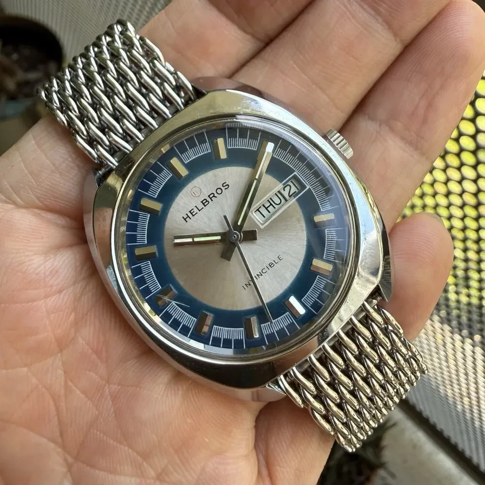 Vintage Helbros Invincible Day Date Stainless Steel Silver Blue Dial Men’s Watch